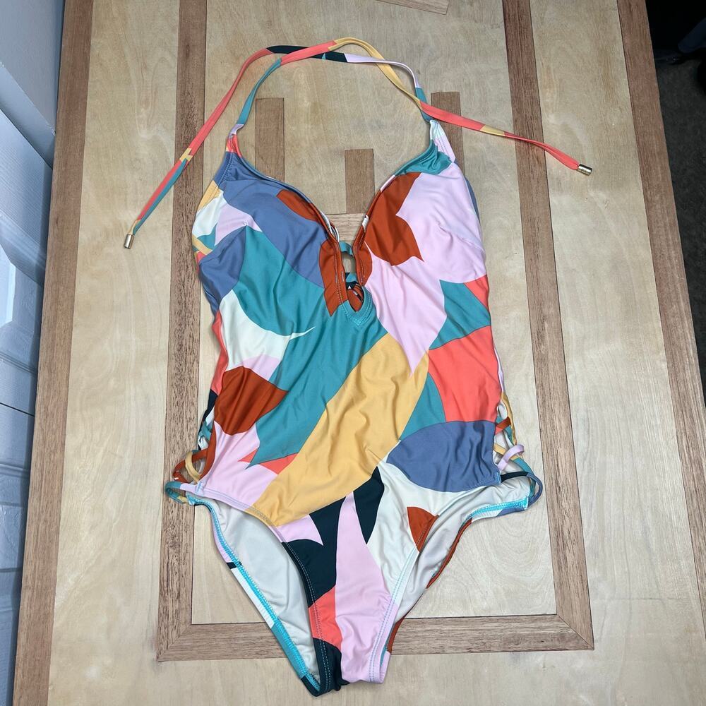 Laundry‎ Shelli Segal Plunge Front Swimsuit Halter Geometric Print Deep V-Neck - Picture 2 of 11